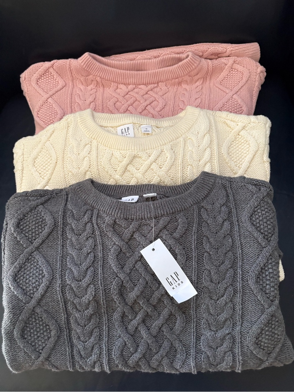 GAP Kids Cable Knit Crew Sweaters in Pink, Cream & Gray